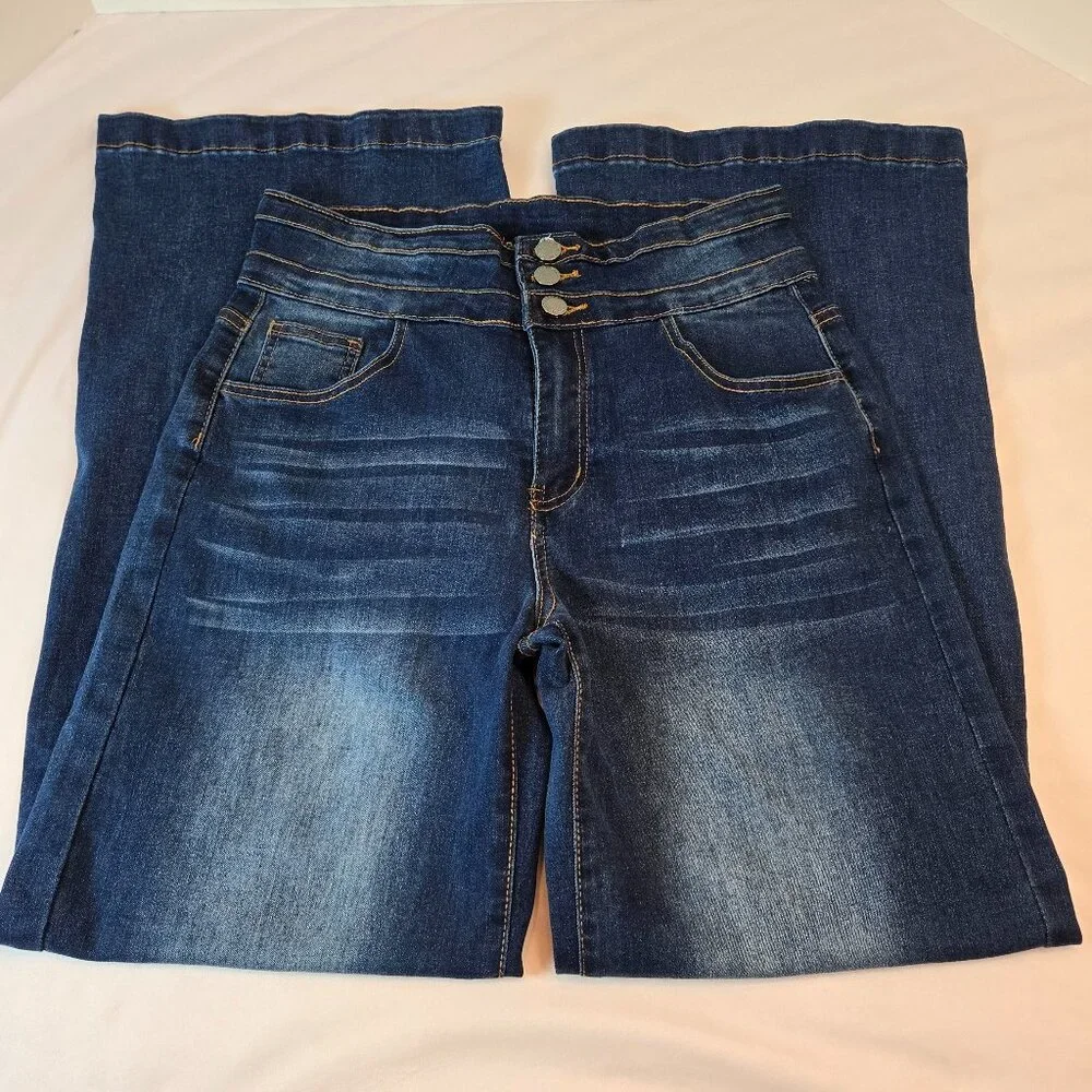 ROSWEAR Women's Wide Leg Jeans Casual High Waisted Stretch Sz: M Blue